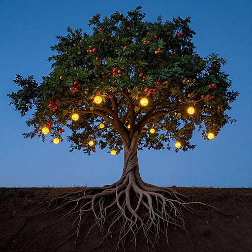 Photograph of an orange tree with glowing yellow lights, red oranges, and visible roots against a clear blue evening sky.