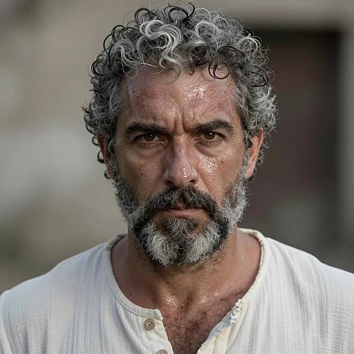 Sweaty Middle-Aged Man with Curly Gray Hair