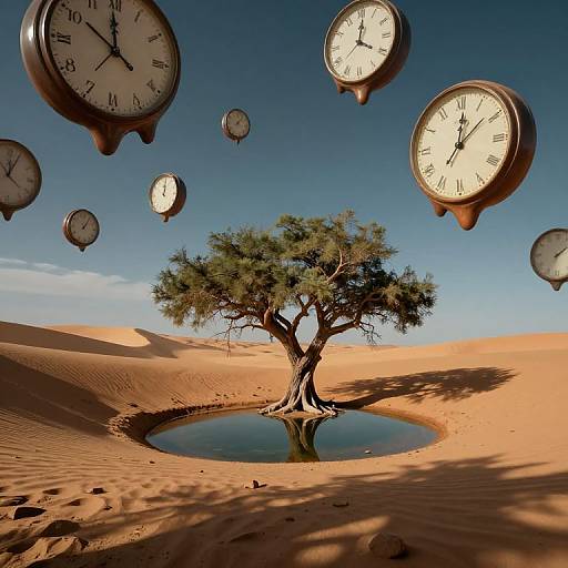 Photograph of a lone tree with a small puddle beneath it in a desert, surrounded by floating clocks against a clear blue sky.