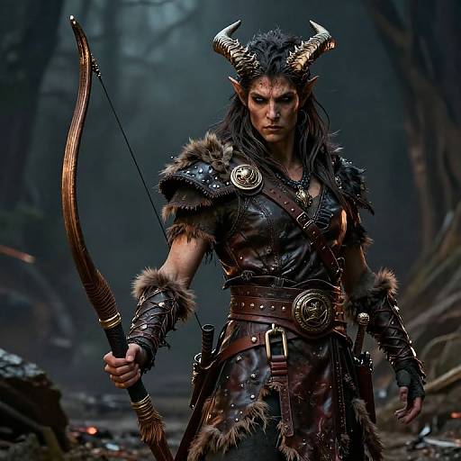 Digital fantasy artwork of a muscular, horned demon archer with dark fur and leather armor, holding a wooden bow in a misty forest. Int