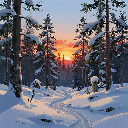 Photograph of a snowy forest at sunset, with tall, snow-covered pine trees, a winding footpath, and a vibrant orange-red sky.