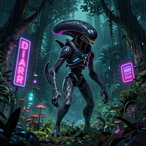 Digital artwork of a sleek, black, biomechanical Xenomorph standing in a rain-soaked, neon-lit jungle with glowing 