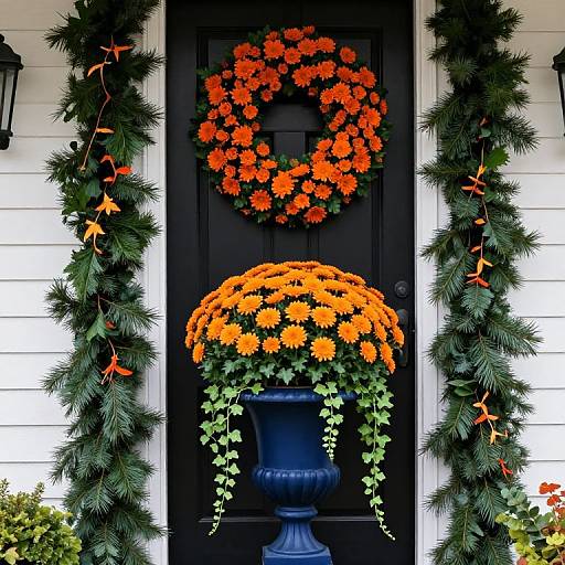 Autumnal Orange Mums in Blue Planter