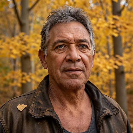 Photograph of an older man with gray hair, wearing a brown jacket, standing in a forest with vibrant yellow autumn leaves.