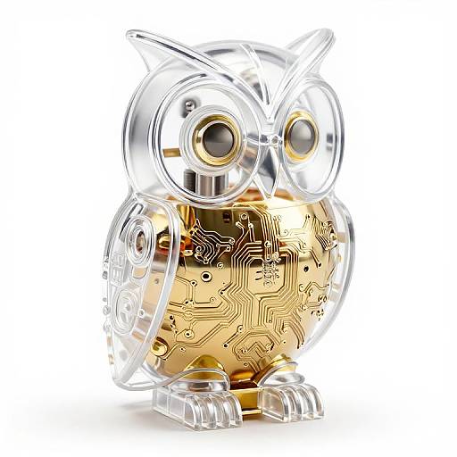 Digital artwork of a metallic, owl-shaped robot with large, reflective eyes, a gold, circuit-patterned body, and transparent wings and legs.