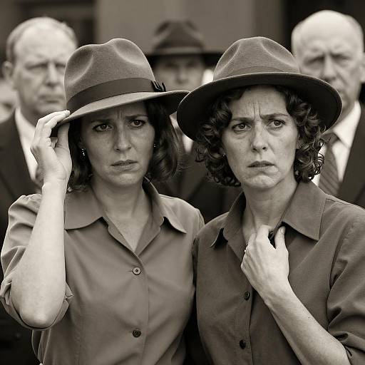 Concerned Women in Hats with Men in Background