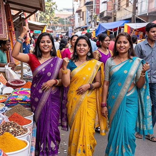 Photograph of three smiling Indian women in colorful sarees—purple, yellow, and blue—walking through a vibrant, crowded market street.