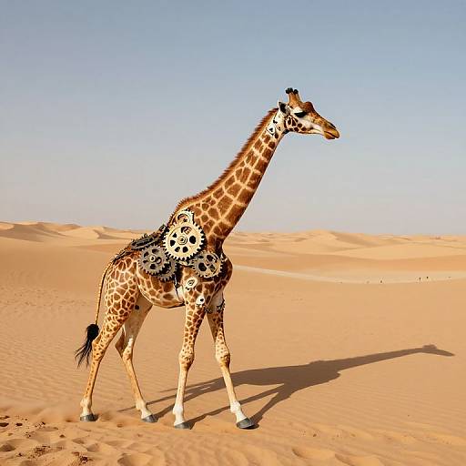 Photograph of a giraffe with ornate black and white body paint walking in a vast, sunlit desert with clear blue sky.