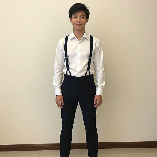 Photograph of a young man with short black hair, smiling, wearing a white shirt, black suspenders, and black pants, standing against a plain