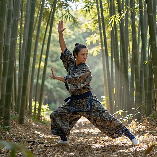 Photograph of an Asian woman in a patterned kimono performing a martial arts stance in a sunlit bamboo forest.