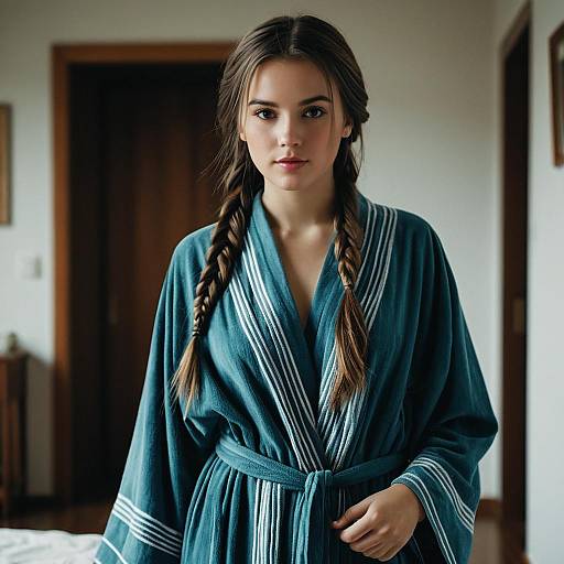 Young Woman in Blue Robe with Braided Hair