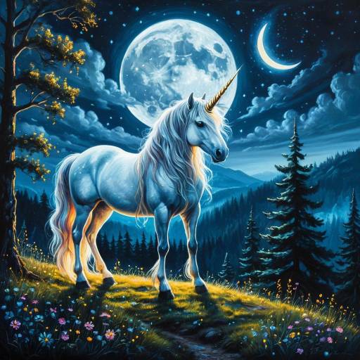 Enchanted Unicorn on Moonlit Hilltop