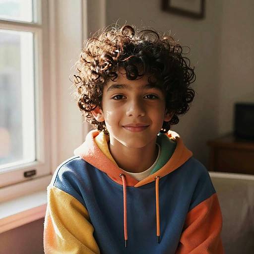 Photograph of a young boy with curly brown hair, wearing a colorful hooded sweatshirt, smiling, sunlight streaming from a window.