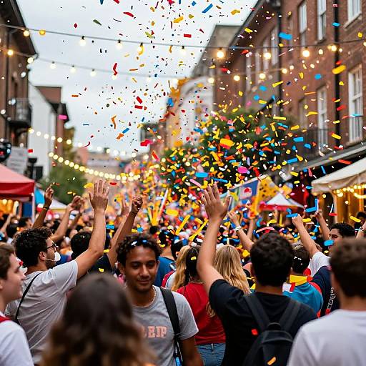 Photograph of a vibrant street festival with a crowd raising hands, surrounded by colorful confetti, string lights, and brick buildings.