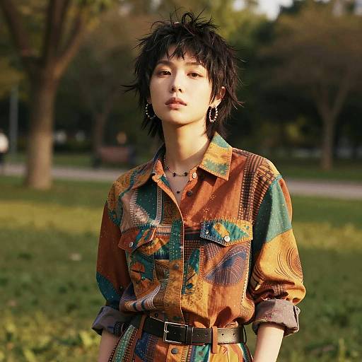 Photograph of an Asian woman with short, spiky black hair, wearing a colorful, patchwork-patterned shirt, standing in a sunlit park