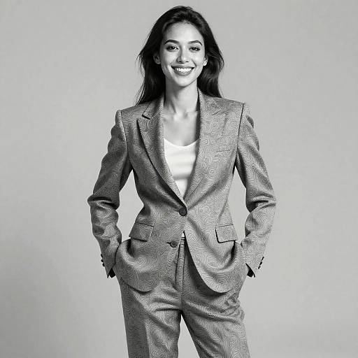 Black-and-white photograph of a smiling woman with long hair, wearing a textured, tailored, buttoned-up blazer and pants, hands in pockets,