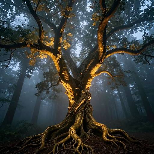 Mystical Forest with Glowing Golden Tree