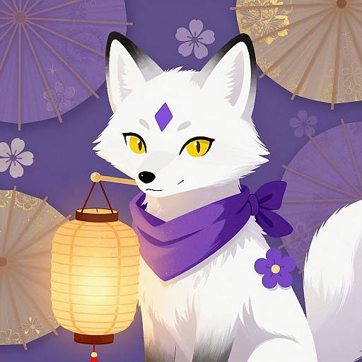 White Fox with Lantern and Purple Scarf Illustration