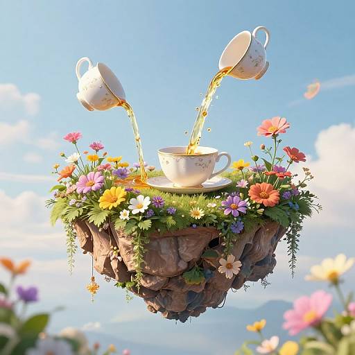 Whimsical digital artwork: teacups pouring golden liquid over floral floating island, surrounded by colorful flowers, set against a bright blue sky.
