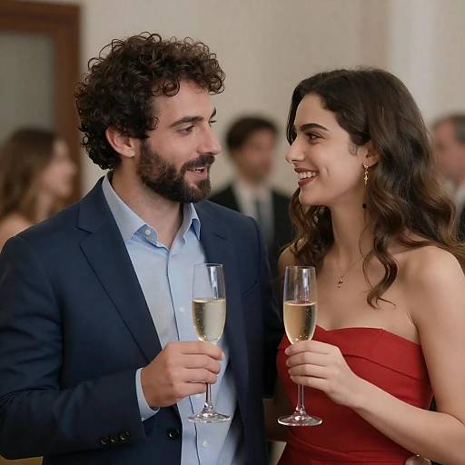 Photograph of a curly-haired bearded man in a navy suit and light blue shirt, and a woman with long brown hair in a red strapless
