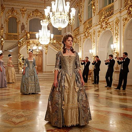 Photograph of a fashion runway show in an opulent, gold-decorated ballroom; model in ornate, gold and silver Renaissance-style gown