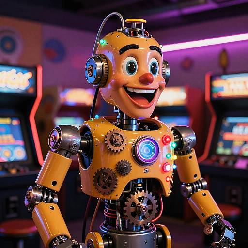 Vibrant CGI image of a cheerful, yellow, animated robot with gears and colorful lights in an arcade, smiling widely. Neon signs and arcade machines