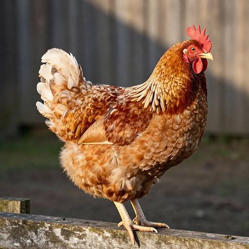 Photograph of a brown and white rooster with a red comb and wattles, standing on a wooden fence in sunlight, against a blurred wooden fence