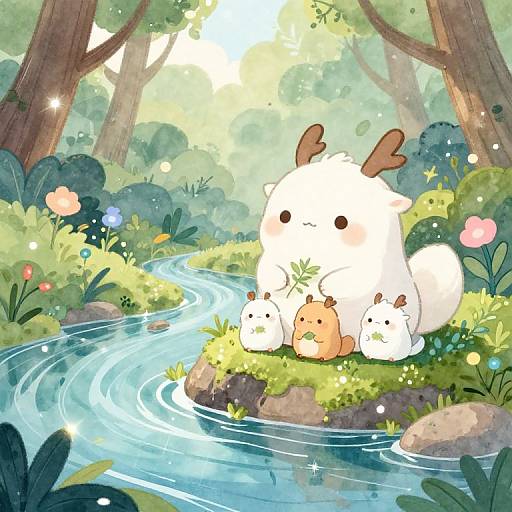 Whimsical digital illustration of a fluffy white creature with antlers sitting by a winding blue stream in a sunlit forest, surrounded by colorful flowers and