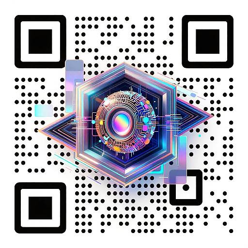 Digital artwork: Vibrant, neon-colored, hexagon with radial patterns at center, surrounded by black squares and dots on white background.