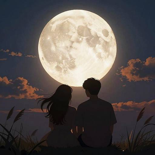 Silhouetted couple gazes at a large, bright full moon in a dark, cloudy night sky, with grass in the foreground.