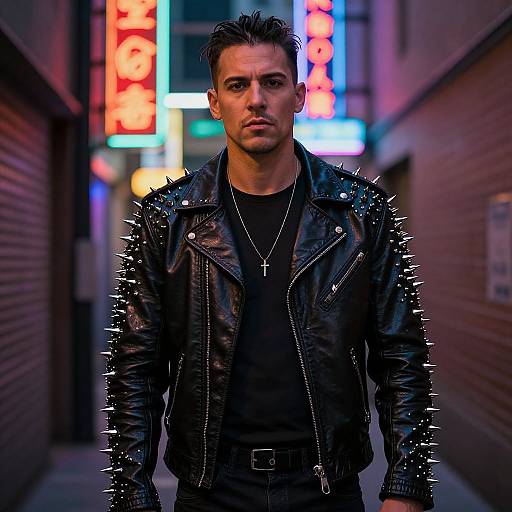 Photograph of a serious, muscular man with short, dark hair, wearing a spiked black leather jacket, black shirt, and cross necklace, standing in