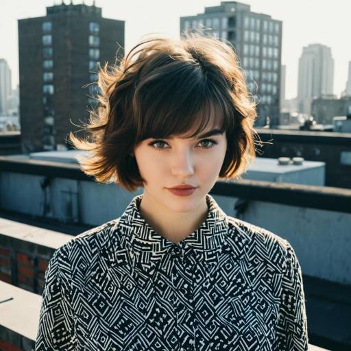 Woman with Short Shag Hairstyle on Urban Rooftop