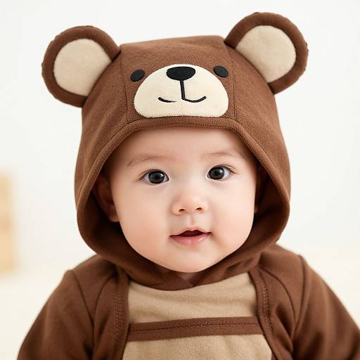 Photograph of a smiling baby with fair skin, blue eyes, wearing a brown teddy bear hooded onesie with white ears and nose.