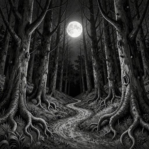Digital black-and-white illustration of a dark forest path under a full moon. Twisted, gnarled tree roots frame the winding trail, creating a