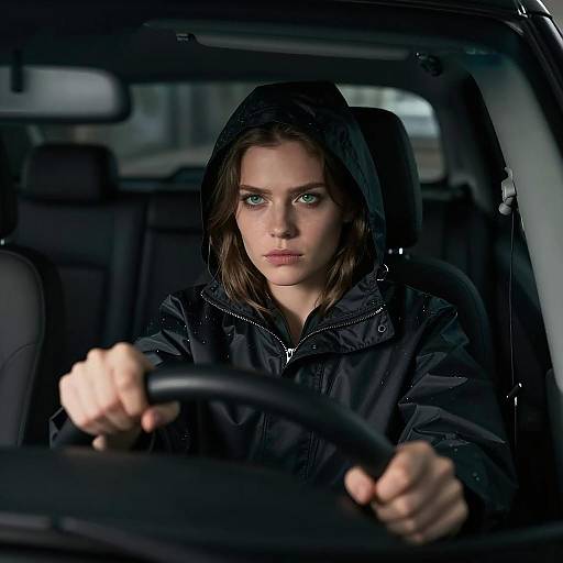 Mysterious Woman in Raincoat Driving