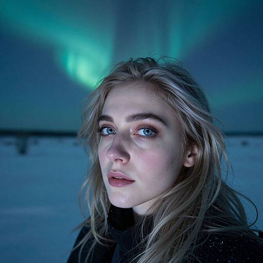 Photograph of a fair-skinned woman with blue eyes, blonde hair, and pink lips, gazing forward under a vibrant green aurora borealis