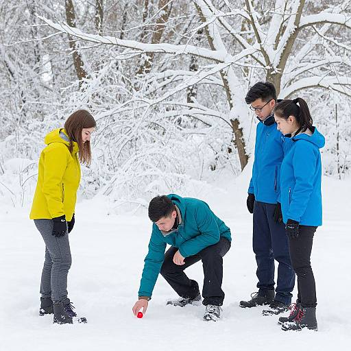 Photograph of four people, two women and two men, in winter clothing (yellow, blue, green jackets) playing in snowy forest, one c