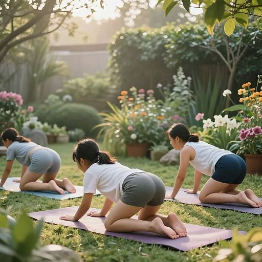 Photograph of three women with black hair, wearing white tops and gray shorts, doing yoga on purple mats in a sunny, lush garden.