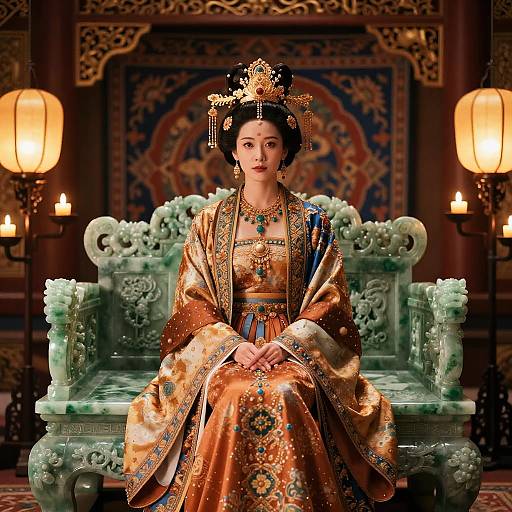 Elegant East Asian woman in ornate, gold and orange traditional dress with intricate patterns, seated on a carved green throne, illuminated by warm lanterns