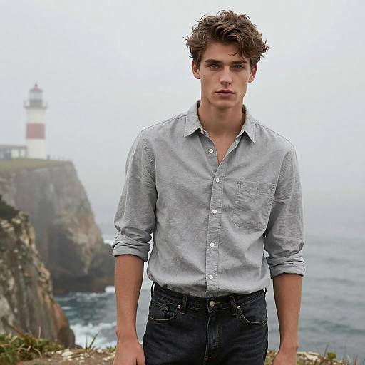 Photograph of a young man with curly brown hair, wearing a light blue button-up shirt and dark jeans, standing on a cliff overlooking a foggy