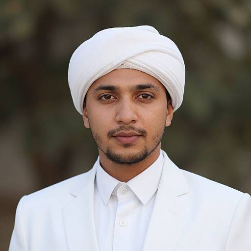 Photograph of a young South Asian man with medium brown skin, dark eyes, trimmed beard, wearing a white turban and shirt, against a blurred