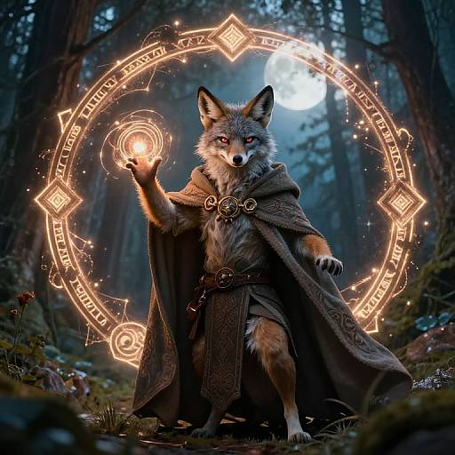 Digital art: Majestic, anthropomorphic fox in wizard cloak, holding glowing orb, standing in enchanted forest, illuminated magical circle behind.