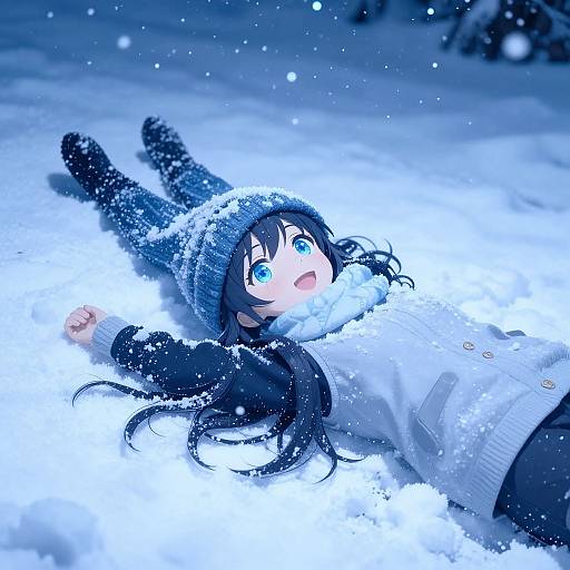 Anime-style digital drawing of a black-haired girl with blue eyes, lying in the snow, wearing a white coat, black hat, and blue pants,
