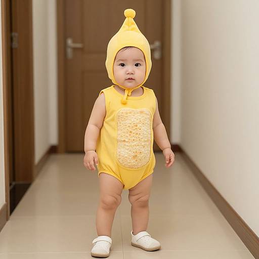 Photograph of a chubby baby with light skin wearing a yellow onesie with a hat and white shoes, standing in a narrow hallway.