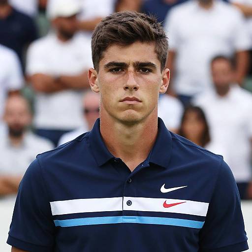 Photograph of a serious-looking young male tennis player with short brown hair, wearing a navy blue Nike polo shirt with white and blue stripes, standing in