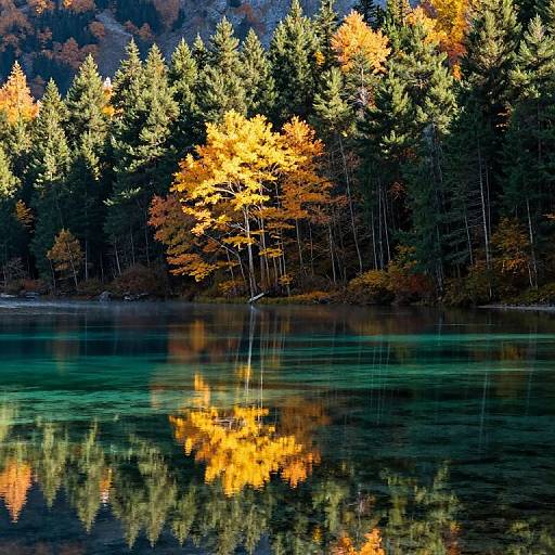 Photograph of a serene lake reflecting vibrant autumn trees with yellow, orange, and green foliage, surrounded by dense pine forest.