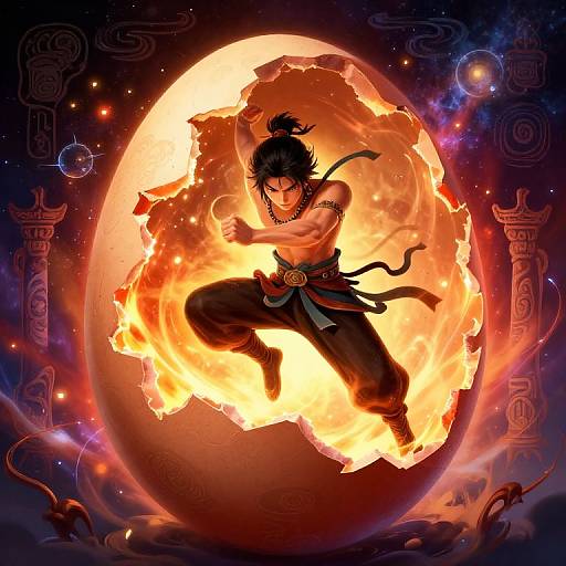 Digital anime artwork of a muscular, black-haired martial artist with a topknot, leaping into a blazing, fiery full moon in space.