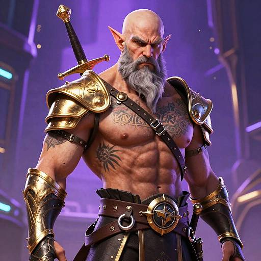CGI fantasy image of a muscular, bald, bearded elf warrior with tattoos, gold armor, and a sword, standing in a purple-lit