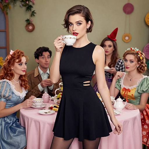 Photograph-style digital artwork of a modern woman in a black dress, sipping tea at a whimsical, Alice in Wonderland-themed table.