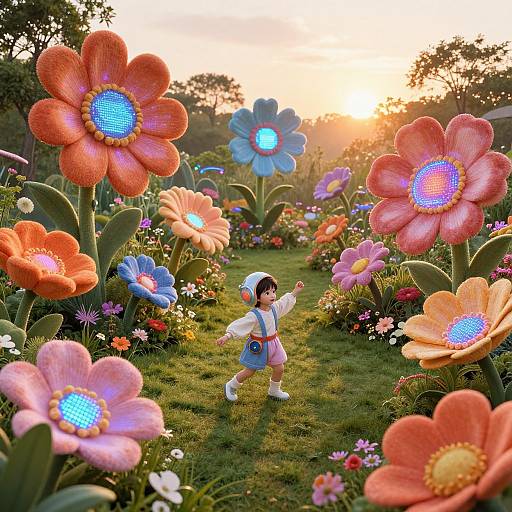 Photograph of a child in a blue dress and white hood, standing in a vibrant, surreal garden of large, glowing, colorful flowers at sunset.